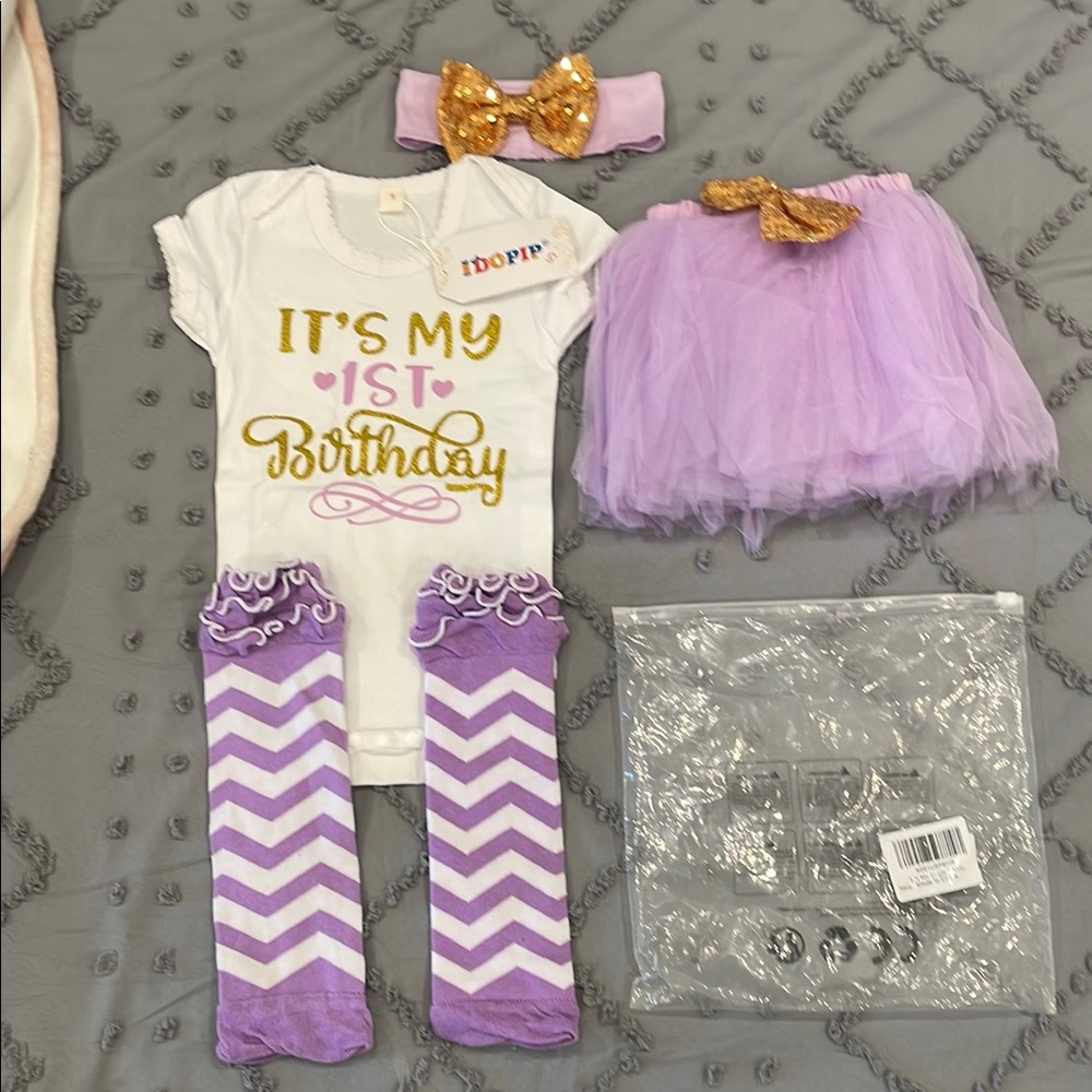 White Gold 'purple 1st Birthday Outfit set with tulle skirt and accessories new